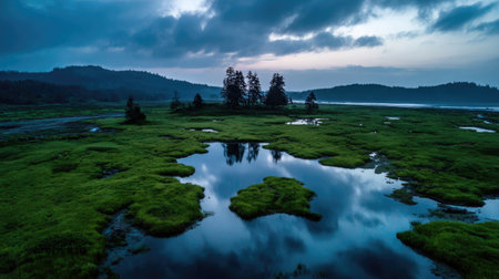 Explore a breathtaking wetland landscape at dusk, showcasing still water reflecting the sky and vibrant greenery, with silhouettes of trees adding to the serene atmosphere.の素材