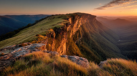 This captivating image showcases a stunning cliff edge overlooking a vast valley at sunset. The warm golden light highlights the natural beauty and tranquility of the scene.の素材