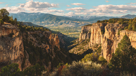 Explore the stunning beauty of rocky mountains featuring dramatic cliffs and lush valleys under a vibrant sky. Ideal for nature lovers and adventure seekers.の素材