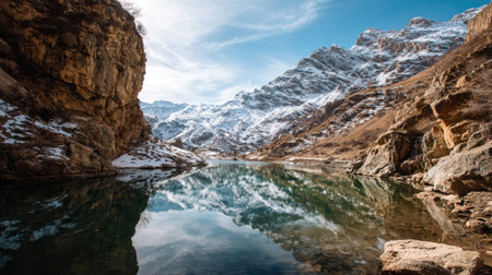 Discover a peaceful mountain lake that mirrors the stunning snow-capped peaks and rugged rocks, offering a serene escape into the heart of nature's untouched beauty.の素材