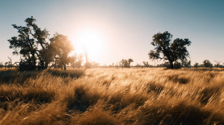 A stunning view of a golden grassland illuminated by warm sunlight at sunrise, showcasing silhouettes of scattered trees against a clear sky in a serene natural setting.の素材