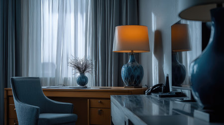 A stylish hotel room featuring modern decor, comfortable seating, a sleek desk, and a blue lamp that creates a peaceful ambiance with soft natural light.の素材