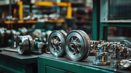 A detailed view showcasing mechanical components on a workbench in an industrial workshop. This image highlights metal parts, tools, and machinery used in manufacturing.の素材