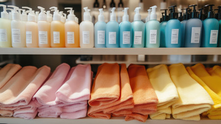 A beautifully organized shelf displays an array of colorful bath products alongside plush towels, creating an inviting shopping experience in a beauty store.の素材