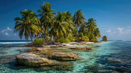 A picturesque view of a tropical island featuring vibrant palm trees surrounded by clear turquoise water, perfect for relaxation and escape in nature's beauty.の素材