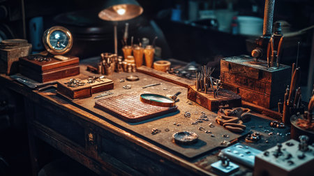A captivating vintage workshop scene featuring an array of tools and materials for jewelry making, highlighting the intricate artistry and creative process involved.の素材