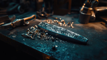Explore the intricate details of metal shavings and tools on a workbench, showcasing the beauty of craftsmanship and the art of metalworking in a professional workshop.の素材