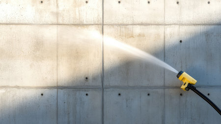A vibrant image showcasing a high-pressure water spray from a yellow hose against a rough concrete wall, emphasizing cleaning and maintenance with dynamic textures.の素材