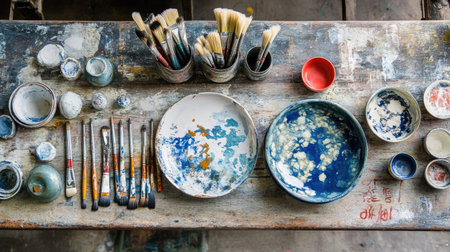 Explore a captivating artistic workspace filled with paintbrushes, colorful pigments, and handmade bowls on a rustic table, perfect for inspiring creativity and artistic expression.の素材
