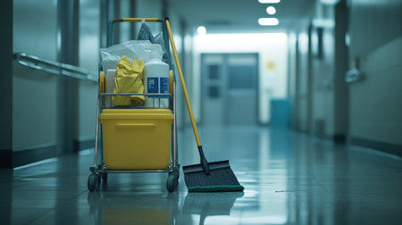 A cleaning cart equipped with essential tools for sanitation in a hospital hallway. The scene reflects the importance of cleanliness in healthcare settings.の素材
