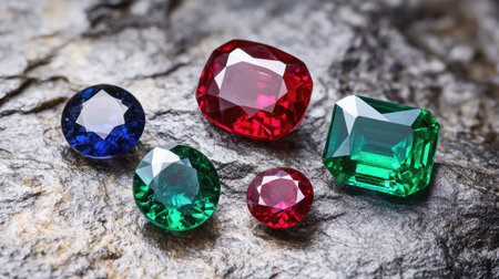 This image presents a stunning array of colorful gems set on a textured stone background, showcasing the vibrant hues and intricate details of each gem.の素材