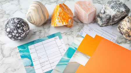 A captivating flat lay of colorful stones and textured papers arranged on a marble surface, ideal for artistic projects and creative inspiration in design and organization.の素材