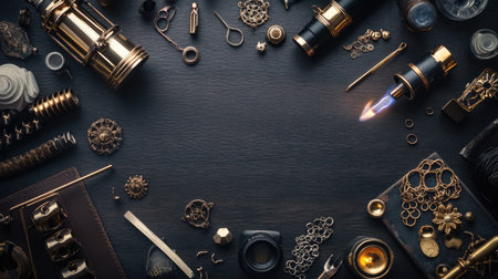 Explore an intricate arrangement of antique tools and accessories on a dark wooden table, perfect for creative projects and artistic inspiration.の素材