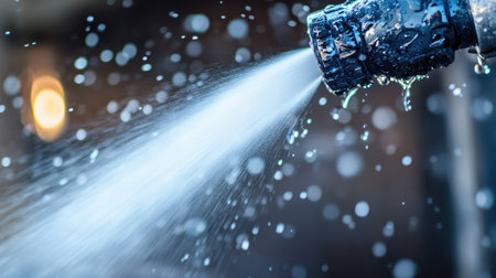 A high-quality close-up image showcasing a garden hose in action, spraying water droplets with a beautiful bokeh background that enhances the refreshing theme.の素材