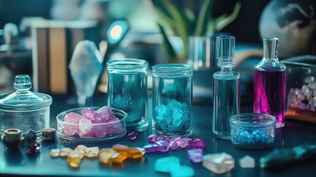 Colorful crystals and glass vials arranged meticulously on a table, showcasing vibrant liquids and decorative elements, ideal for artistic inspiration and creative projects.の素材
