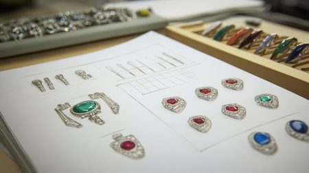 Close-up view of jewelry sketches and colorful gemstone designs on a workstation, showcasing innovative craftsmanship and elegant styles for creative projects.の素材