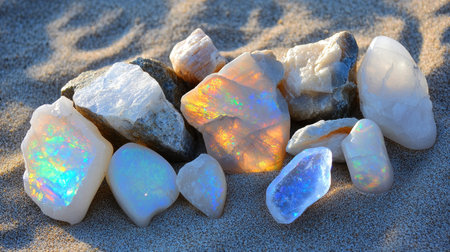 An exquisite collection of colorful stones showcasing iridescent opals and quartz, beautifully arranged on sand. Ideal for decorative, artistic, or geological inspiration.の素材
