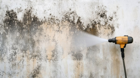 This image showcases a high-pressure cleaning tool effectively removing mold and mildew from a weathered concrete wall, ideal for home improvement and maintenance tasks.の素材