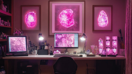 A cozy workspace illuminated by ambient light features vibrant pink gemstone art, a modern desk setup, and organized creative tools, perfect for inspiring productivity.の素材