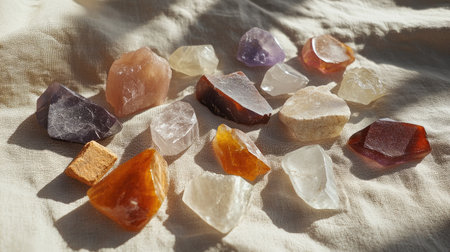 A stunning assortment of natural gems and crystals arranged on soft fabric, showcasing their unique shapes and colors, perfect for home decoration or healing practices.の素材