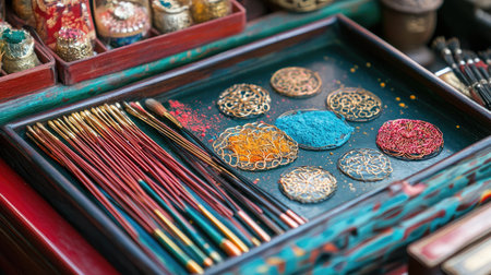 A colorful display of artisan supplies featuring an array of paintbrushes and vibrant decorative elements, perfect for creative crafts and artistic inspiration.の素材