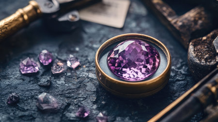 A stunning close-up of a purple gemstone set on a dark stone surface surrounded by crafting tools and smaller crystals, ideal for showcasing luxury and elegance.の素材