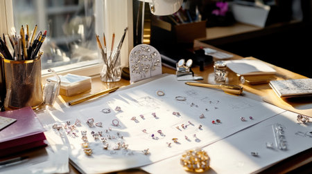This image captures a beautiful jewelry design workspace filled with sketches, gemstones, and tools bathed in natural light, showcasing a creative artistic environment.の素材