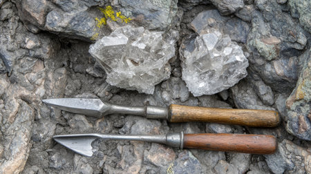 Two metal tools used for rockhounding are positioned beside stunning natural crystals on a rugged rocky surface, representing geological exploration and hobby collection.の素材