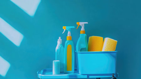 A vibrant composition of various cleaning supplies displayed against a bright blue backdrop, showcasing essential tools for efficient home maintenance and hygiene tasks.の素材