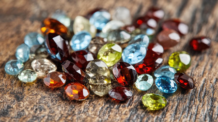 A stunning display of assorted gemstones showcases a rainbow of colors and reflective surfaces on a rustic wooden background, perfect for artistic projects or interior design.の素材
