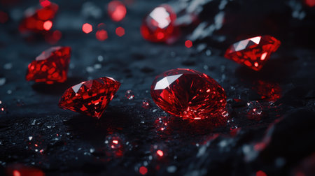 This image showcases stunning red gems glimmering on a dark surface, creating an atmosphere of luxury and elegance, perfect for themes related to jewelry and opulence.の素材