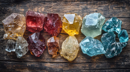 A stunning array of colorful natural crystals displayed on a rustic wooden surface. This vibrant collection showcases the beauty and diversity of minerals perfect for decorative use.の素材