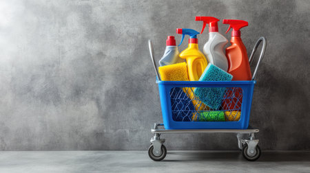 This image features a shopping cart filled with colorful cleaning supplies, perfect for your home maintenance projects and household chore inspirations.の素材