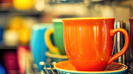 A visually appealing display of colorful ceramic cups in vibrant hues, arranged on a rack, perfect for enhancing kitchen decor and creating a cozy atmosphere.の素材