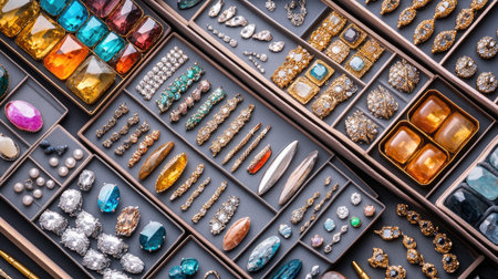 A captivating flat lay of diverse jewelry pieces, showcasing vibrant colors and intricate designs, ideal for crafting, styling, or retail display in creative projects.の素材