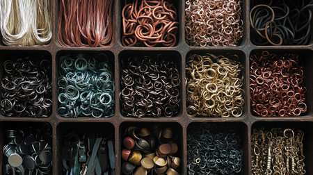 A visually appealing arrangement of various metal accessories neatly organized in square compartments. Ideal for crafting, jewelry making, and designing projects.の素材