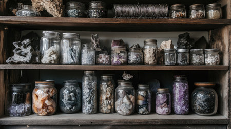 A captivating display of jars filled with various crystals and minerals neatly arranged on wooden shelves, emphasizing the beauty and diversity of natural stones.の素材