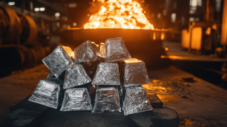 A powerful scene of molten metal pouring over shiny silver ingots in an industrial workshop. Witness the artistry of metalworking and the dynamic energy of manufacturing.の素材