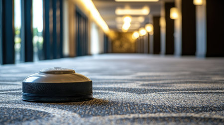 A robotic vacuum cleaner sits on a beautifully patterned carpet in a corridor, showcasing modern technology in a chic, well-lit environment ideal for commercial spaces.の素材