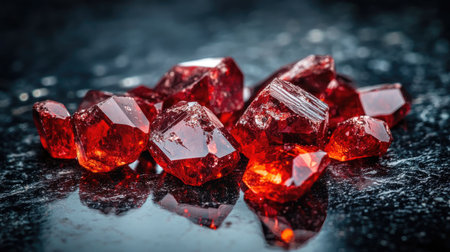 A captivating arrangement of shiny red gemstones lies on a dark surface, showcasing their brilliant color and unique texture. Perfect for artistic displays or design use.の素材