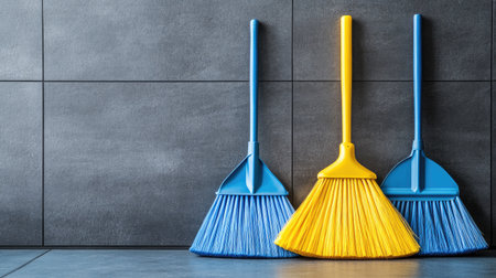 A vivid representation of three colorful brooms against a sleek, modern dark background, capturing the essence of cleanliness, organization, and efficient home maintenance.の素材