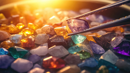 A stunning array of colorful raw gemstones caught in a soft light, as tweezers delicately hold one piece, showcasing the beauty of natureの素材