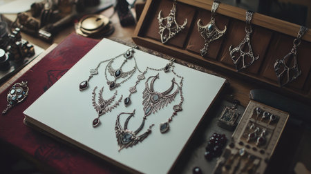 A stunning arrangement of intricate silver jewelry, including elegant necklaces and pendants adorned with gemstones, displayed on a rustic wooden table.の素材