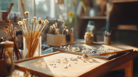 A vibrant jewelry workshop bathed in soft sunlight, showcasing an array of brushes, tools, and sparkling gems, perfect for capturing the essence of creativity and craftsmanship.の素材