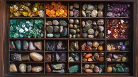 A stunning array of natural gemstones and crystals arranged meticulously in a wooden display box. The variety of colors and shapes makes it perfect for crafting or decoration.の素材
