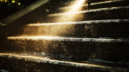 Captivating image of stone steps illuminated by sunlight and surrounded by a gentle mist. This serene outdoor scene evokes tranquility and natural beauty.の素材