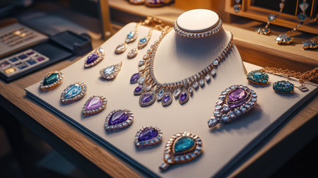 This captivating image showcases a stunning assortment of colorful jewelry featuring intricate designs, perfect for inspiration in fashion and accessory collections.の素材