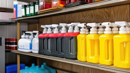 A well-organized shelf displays a variety of colorful spray bottles and cleaning supplies, ideal for efficient access in cleaning or storage environments.の素材
