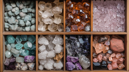 A stunning arrangement of various natural crystals and gemstones displayed in a wooden tray, highlighting the beauty and diversity of nature's treasures in vibrant colors.の素材