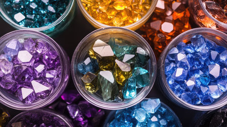 A stunning arrangement of colorful crystals and gemstones displayed in clear containers against a dark background, showcasing their vibrant hues and intricate textures.の素材